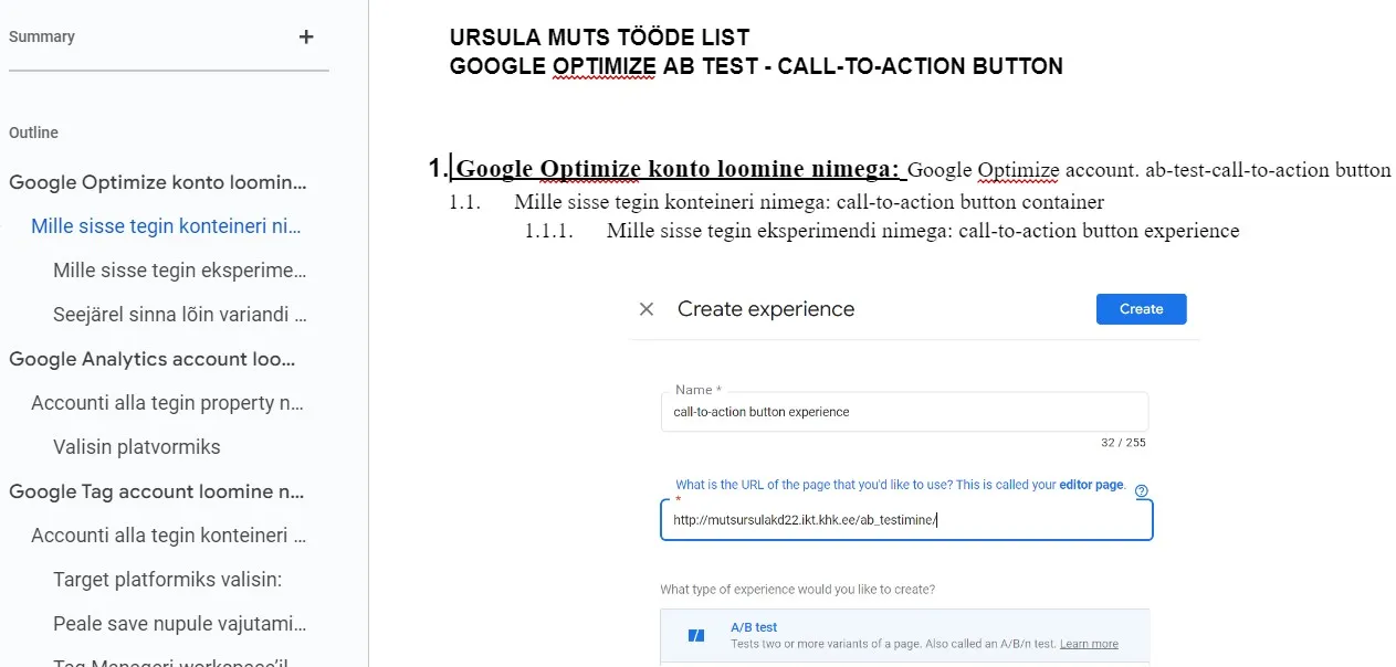 Google Opimize A-B testimise projekti teostuskirjelduse väljavõte.
