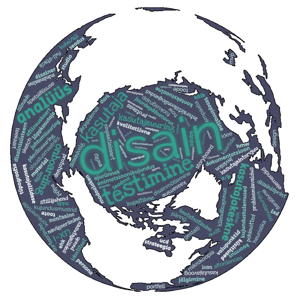 WorldCloud tööst pilt. Maakera, millel on UX/UI disaini eriala sõnad mandritel.