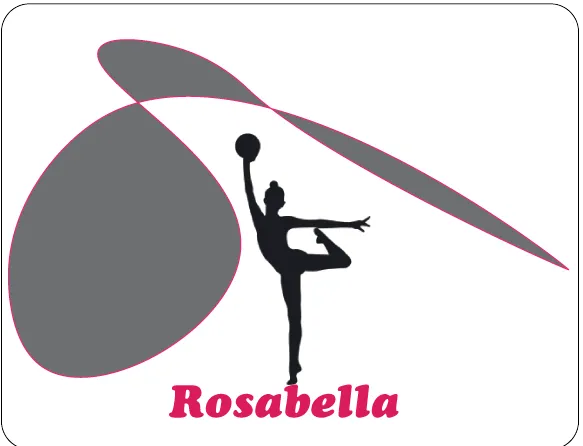 Kliendile logo loomise tööst pilt. Logo Rosabella võimlemisrühmale. Tüdruk palliga, seisab sõnal Rosabella ning ümber on tuulekeerist kujutav viirg.